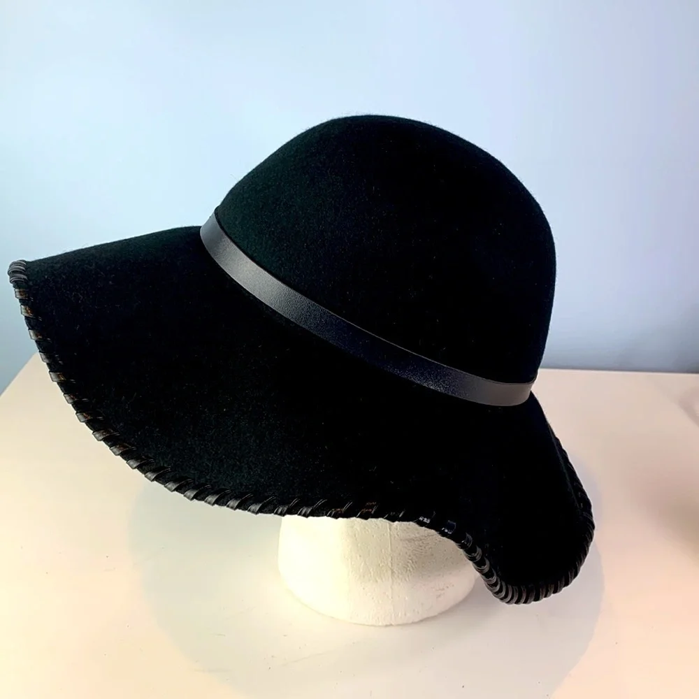Melrose and Market Boho Wool Floppy Hat with Faux Leather Band and Trim NWOT